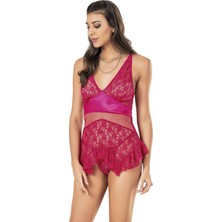 Moongirl 440 Fuşya Dantelli Fantazi Gecelik Takımı - Saten Detaylı ve Fırfırlı Şık Gecelik