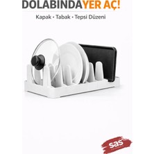 Fevito Dolap İçi Tabak Tencere Kapağı Düzenleyici 6 Bölme -   Mutfak Organizer – Yer Tasarrufu Sağlayan Raf Beyaz