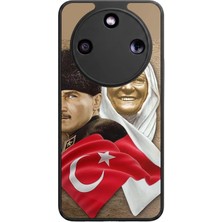 Aksel Kılıf Honor Magic 8 Lite Uyumlu Atatürk Baskılı Glossy Premium Mat Siyah Silikon Kılıf