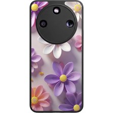 Aksel Kılıf Honor Magic 8 Lite Uyumlu Çiçek ve Papatya Baskılı Glossy Premium Mat Siyah Silikon Kılıf