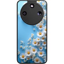 Aksel Kılıf Honor Magic 8 Lite Uyumlu Çiçek ve Papatya Baskılı Glossy Premium Mat Siyah Silikon Kılıf