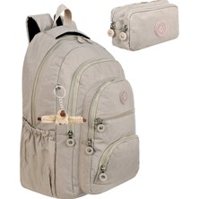 Alanç Gift Ultra Lüks Unisex Krinkıl Kumaş Lise, Ortaokul Sırt Çantası ve Çift Bölmeli Kalemlik, Anahtarlık Hediyeli