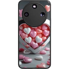 Aksel Kılıf Honor Magic 8 Lite Uyumlu Kalp Baskılı Glossy Premium Mat Siyah Silikon Kılıf