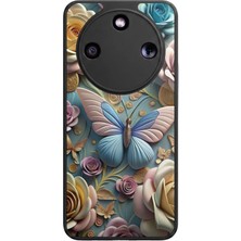 Aksel Kılıf Honor Magic 8 Lite Uyumlu Kelebek Baskılı Glossy Premium Mat Siyah Silikon Kılıf