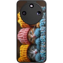 Aksel Kılıf Honor Magic 8 Lite Uyumlu Kedi Baskılı Glossy Premium Mat Siyah Silikon Kılıf