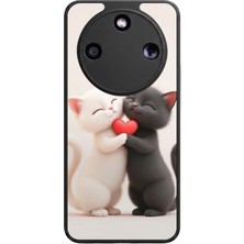 Aksel Kılıf Honor Magic 8 Lite Uyumlu Kedi Baskılı Glossy Premium Mat Siyah Silikon Kılıf