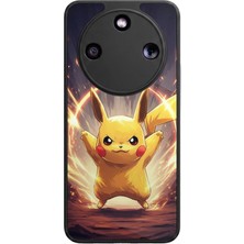 Aksel Kılıf Honor Magic 8 Lite Uyumlu Pikachu Baskılı Glossy Premium Mat Siyah Silikon Kılıf