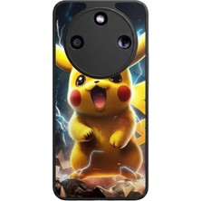 Aksel Kılıf Honor Magic 8 Lite Uyumlu Pikachu Baskılı Glossy Premium Mat Siyah Silikon Kılıf