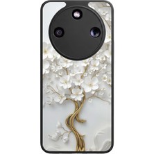 Aksel Kılıf Honor Magic 8 Lite Uyumlu Yaldız Çiçek Baskılı Glossy Premium Mat Siyah Silikon Kılıf