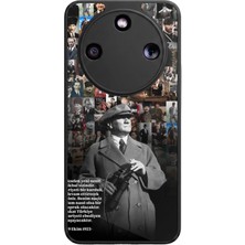 Aksel Kılıf Honor Magic 8 Lite Uyumlu Atatürk Baskılı Glossy Premium Mat Siyah Silikon Kılıf