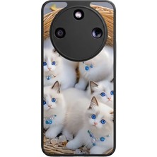 Aksel Kılıf Honor Magic 8 Lite Uyumlu Kedi Baskılı Glossy Premium Mat Siyah Silikon Kılıf