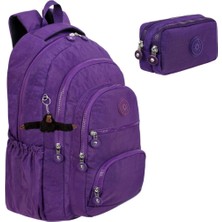 Alanç Gift Ultra Lüks Unisex Krinkıl Kumaş Lise, Ortaokul Sırt Çantası ve Çift Bölmeli Kalemlik, Anahtarlık Hediyeli