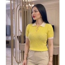 Abba1 Bayan Polo Yaka Yumuşak Dokulu Saç Örgü Desenli Triko Üst T-Shirt