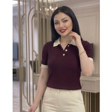 Abba1 Bayan Polo Yaka Yumuşak Dokulu Saç Örgü Desenli Triko Üst T-Shirt