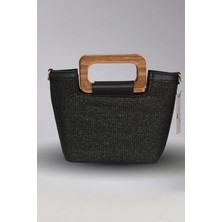 Victoria Shoes Ahşap Saplı Siyah Hasır Çanta