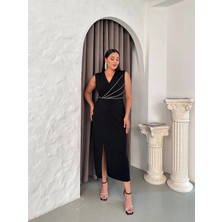 ModaSehle Kadın Büyük Beden Taş Detaylı Yırtmaçlı Kolsuz Abiye Elbise