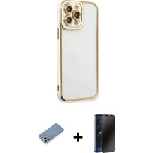 Cepte Toptan iPhone 13 Pro Max Çekirdek Klasik Serisi - Siyah 3D Antistatik Hayalet Cam Ekran Koruyucu + Pembe Shine Kamera Lens Koruma Cam