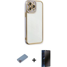 Cepte Toptan iPhone 13 Pro Max Çekirdek Klasik Serisi - Siyah 3D Antistatik Hayalet Cam Ekran Koruyucu + Pembe Shine Kamera Lens Koruma Cam