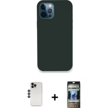 Cepte Toptan iPhone 12 Pro Zirve Modern Özel Seri - Siyah 34D Hayalet Izgaralı Cam + Siyah Shine Kamera Lens