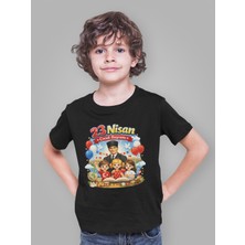 Ontunew 23 Nisan Baskılı Bisiklet Yaka Pamuklu Kısa Kollu Erkek ve Kız Çocuk Tişört