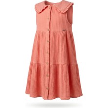 Via Kız Çocuk Yazlık Elbise Düğmeli Fırfır Yaka %100 Pamuklu Müslin Elbise Rahat Günlük Şık Elbise