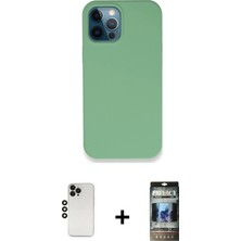 Cepte Toptan iPhone 12 Pro Zirve Modern Özel Seri - Siyah 34D Hayalet Izgaralı Cam + Siyah Shine Kamera Lens