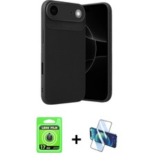 Cepte Toptan iPhone 17 Air Eksen Form Prime - Siyah 3D Antistatik Cam Ekran Koruyucu + Mavi Raze Metal Kamera Lens