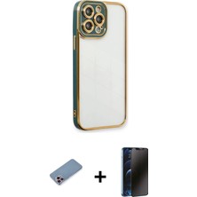 Cepte Toptan iPhone 13 Pro Max Çekirdek Klasik Serisi - Siyah 3D Antistatik Hayalet Cam Ekran Koruyucu + Pembe Shine Kamera Lens Koruma Cam