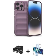 Cepte Toptan iPhone 14 Pro Max Atlas Koleksiyonu - Siyah 3D Antistatik Cam Ekran Koruyucu + Gümüş Raze Metal Kamera Lens