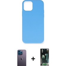 Cepte Toptan iPhone 12 Pro Max Ahenk Serisi - Siyah 360 Mat Full Body Arka Koruyucu + Mavi Neon Fosforlu Kamera Lens