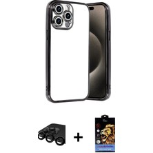 Cepte Toptan iPhone 15 Pro Max Vadi Minimal - Siyah Buffer Hayalet Cam Ekran Koruyucu + Siyah Raze Metal Kamera Lens