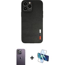 Cepte Toptan iPhone 13 Pro Max Doruk Asil Koleksiyonu - Siyah 3D Antistatik Cam Ekran Koruyucu + Beyaz Neon Fosforlu Kamera Lens