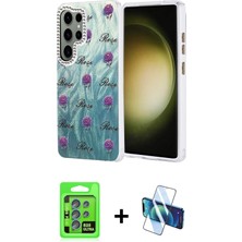 Cepte Toptan Galaxy S25 Ultra Zirve Modern Prime - Siyah 3D Antistatik Cam Ekran Koruyucu + Mavi Raze Metal Kamera Lens
