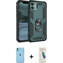 iPhone 11 Ahenk Klasik Koleksiyonu - Şeffaf Pasifik Cam Ekran Koruyucu + Yeşil Neon Fosforlu Kamera Lens