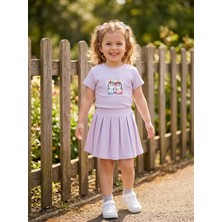 Dudese Kız Çocuk Lila Unicorn Baskılı Tişört ve Pileli Etek Takım