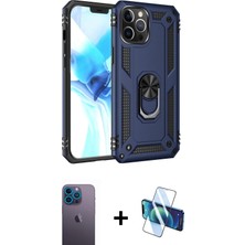 Cepte Toptan iPhone 12 Pro Max Ahenk Klasik Koleksiyonu - Siyah 3D Antistatik Cam Ekran Koruyucu + Mavi Neon Fosforlu Kamera Lens