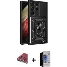 Cepte Toptan Galaxy S23 Ultra Ahenk Klasik - Siyah Durable Full Glue Curved Hayalet Cam + Kırmızı Valdez Metal Kamera Lens