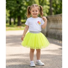 Dudese Kız Çocuk Neon Sarı Tütülü Etek ve Örgü Çiçekli Tişört Takım