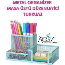 Akraz Art Design Masa Üstü Metal Kalemlik Üç Gözlü Turkuaz (Masa Seti)