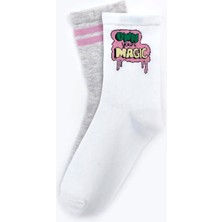 Filmaldım Desenli Beyaz ve Gri Soket Kadın Çorap 2'li 36-38 Numara