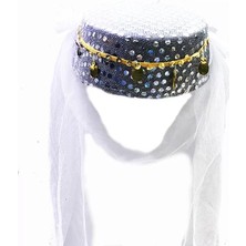 Skygo Beyaz Duvaklı Altın Pul Işlemeli Kına Fesi Kına Şapkası Oryantal Şapkası