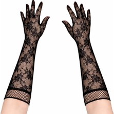 Skygo Siyah Uzun Gül Desenli Dantel Kadın Eldiveni