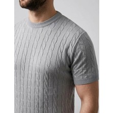 Erkek Yazlık Triko Dokuma Tişört Kısa Kol Bisiklet Yaka Örgü Desenli T-Shirt - Gri