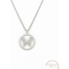 Bigakan  Daire Içinde Kelebek Zarif Kolye 925 Ayar Gümüş 45 cm Kadın Beyaz Renk