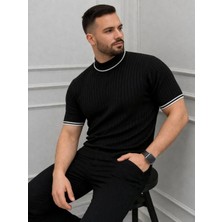 Erkek Fitilli Triko Dokuma Kısa Kol Tişört Yarım Boğaz Modern Yazlık T-Shirt - Siyah