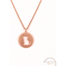 Bigakan  Madalyon Kedi Kolye 925 Ayar Gümüş 45 cm Kadın Rose Kaplama