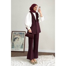 RFK Butik Kadın Tek Düğme Detaylı Double Kumaş Yelekli Pantolonlu Takım - Bordo