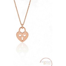 Bigakan  Kilitli Kalp Kolyesi 925 Ayar Gümüş 45 cm Kadın Rose Kaplama