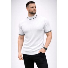 Erkek Fitilli Triko Dokuma Kısa Kol Tişört Yarım Boğaz Modern Yazlık T-Shirt - Beyaz