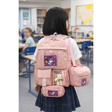 Dadacuq Kore Tarzı Beş Bölmeli Aksesuarlı Beslenmeli ve Kalemlikli 3 Lü Okul Çanta Seti